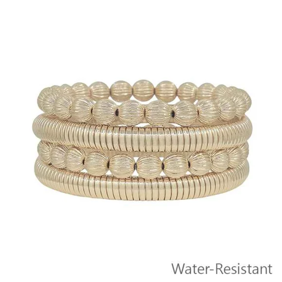 Women's Textured Beaded Gold Ribbed Stretch Water-Resistant Bracelets Set of 4 - Picture 1 of 6